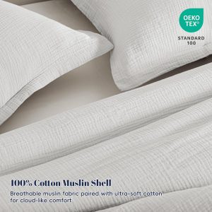 PHF Juego de edredón de muselina de algodón tamaño Queen, funda 100% algodón, ultrasuave y transpirable, ropa de cama ligera de 3 piezas para todas las estaciones con relleno de poliéster, 1 edredón