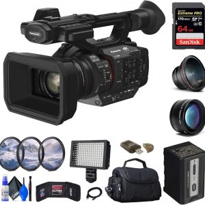 Panasonic Videocámara HC-X2 4K (HC-X2) + tarjeta de memoria de 64 GB + kit de filtro + lente gran angular + bolsa + luz LED + lente de teleobjetivo + lector de tarjetas + cartera de memoria + kit de