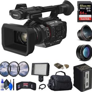 Panasonic Videocámara HC-X2 4K (HC-X2) + tarjeta de memoria de 64 GB + kit de filtro + lente gran angular + bolsa + luz LED + lente de teleobjetivo + lector de tarjetas + cartera de memoria + kit de