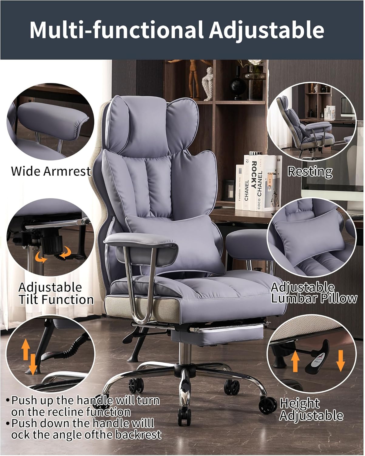 Efomao - Silla ejecutiva de escritorio para oficina, con reposapiés, soporte lumbar y capacidad de carga hasta 400 libras, silla de computadora grande y alta de cuero sintético, morado