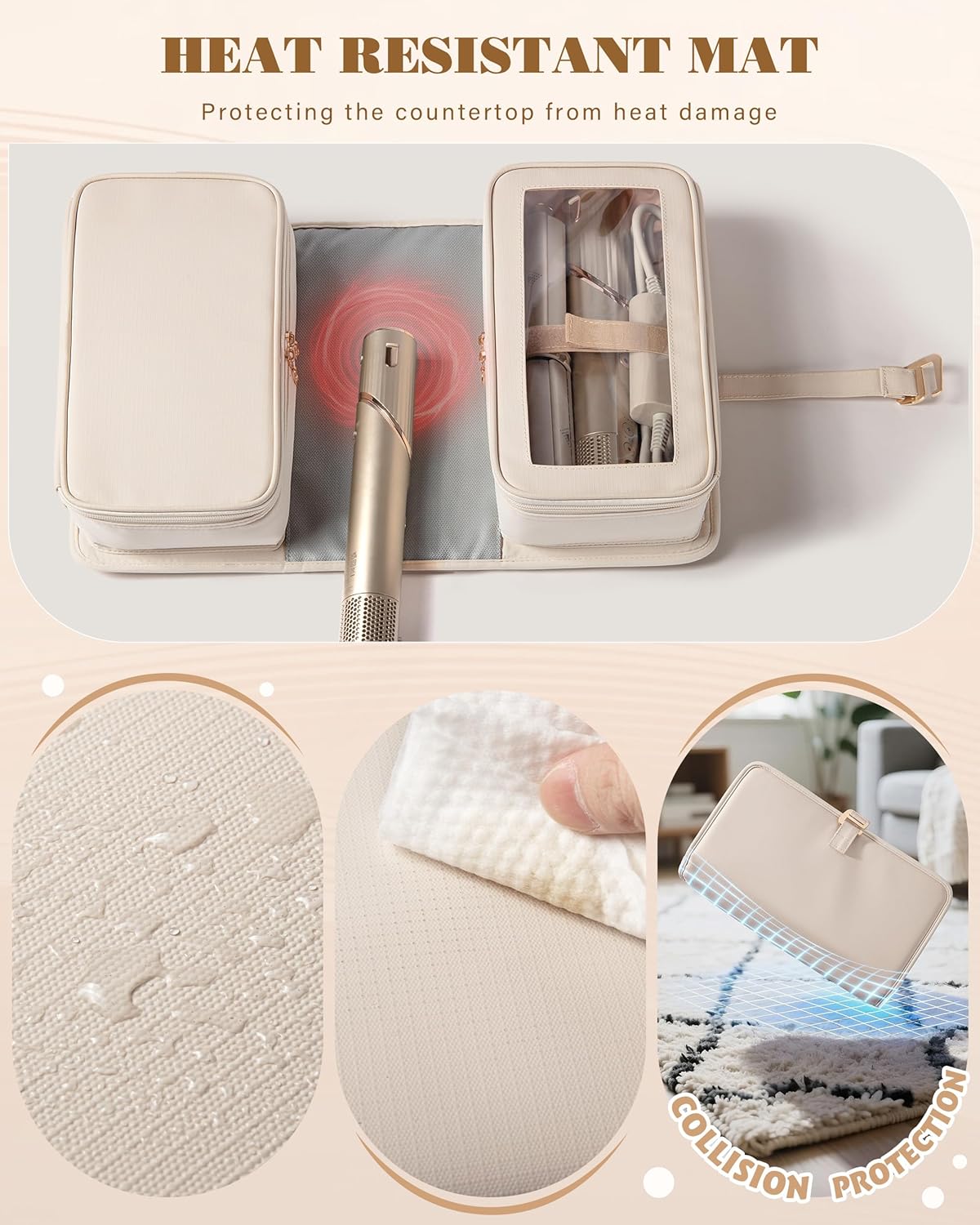Marscamd Hair Tools Travel Bag with Heat Resistant Mat Compatible with Shark Flexstyle, Hair Tool Organizer for Multi-Stylers and Hair Dryer, Beige