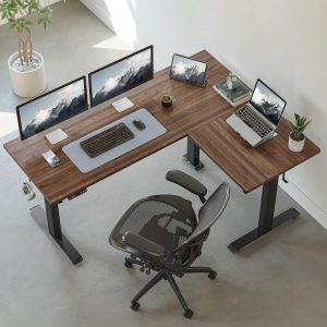 FEZIBO Escritorio de Pie Eléctrico en Forma de L con Triple Motor, 75 Pulgadas, Escritorio de Esquina de Altura Ajustable, Estación de Trabajo de Sentarse y Pararse con Tablero de Empalme, Marco Negro