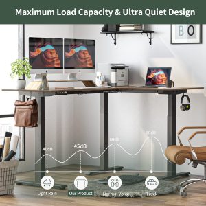 FEZIBO Escritorio Eléctrico de Pie en Forma de L con Triple Motor, 63 Pulgadas de Altura Ajustable, Escritorio de Esquina para Sentarse y Pararse, Estación de Trabajo con Tablero de Empalme, Marco