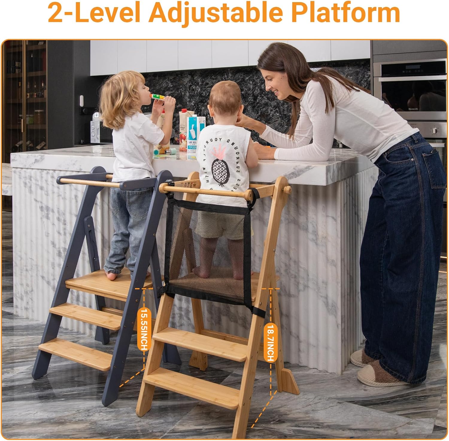 COSYLAND Torre plegable de pie para niños – Taburete plegable de altura ajustable para niños pequeños taburete de cocina ayudante para aprender y cocinar – Edades 18 meses a 6 años con red de