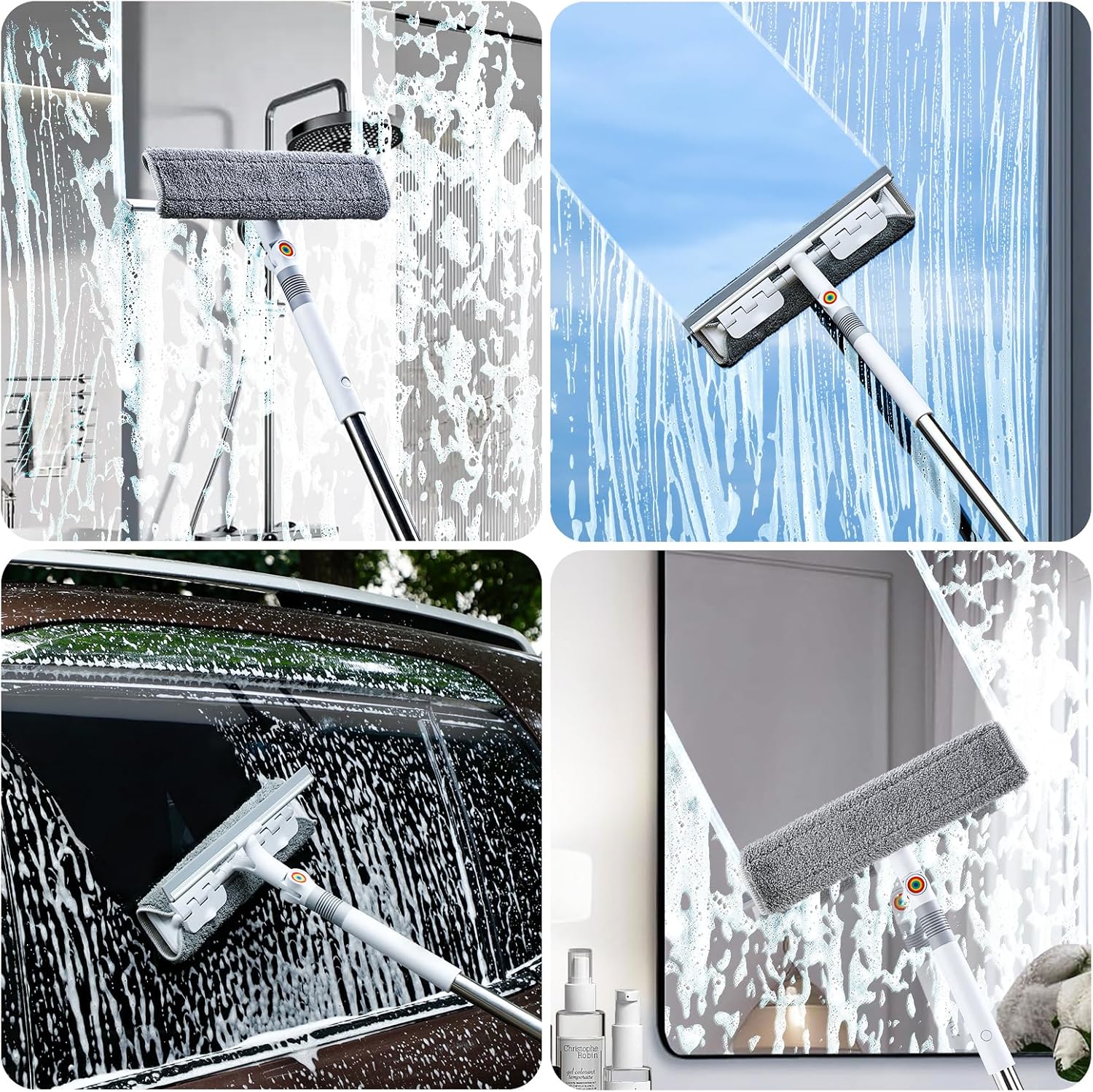 funest Escobilla de 126 pulgadas para limpieza de ventanas, herramienta de limpieza de ventanas 2 en 1 con poste de extensión, cabezal giratorio para interiores y exteriores, espejo de cristal de