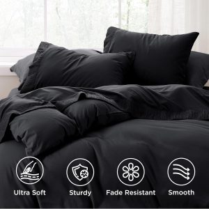 Bedsure Sábanas de tamaño matrimonial, color negro, sábanas suaves para cama de tamaño matrimonial, juego de sábanas de lujo de 4 piezas, juego de sábanas de microfibra de poliéster de fácil cuidado
