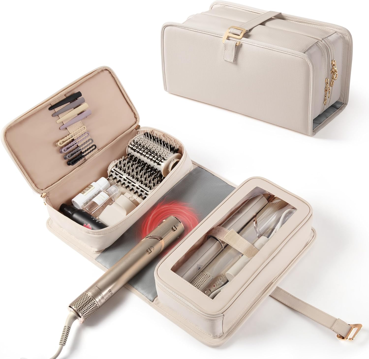 Marscamd Hair Tools Travel Bag with Heat Resistant Mat Compatible with Shark Flexstyle, Hair Tool Organizer for Multi-Stylers and Hair Dryer, Beige