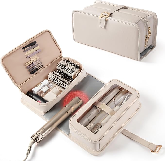 Marscamd Hair Tools Travel Bag with Heat Resistant Mat Compatible with Shark Flexstyle, Hair Tool Organizer for Multi-Stylers and Hair Dryer, Beige