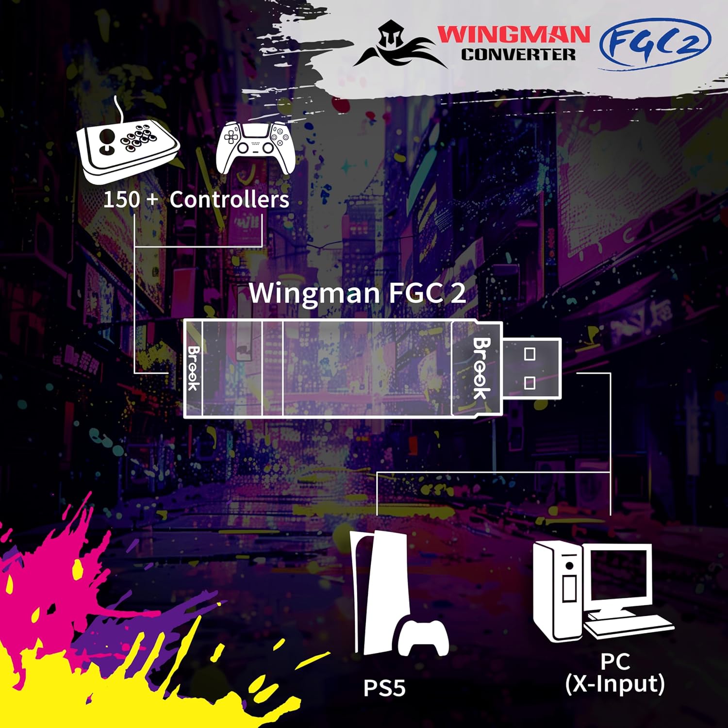 Brook Wingman FGC2 Converter with Keychain-Arcade Joystick Adapter Gamepad for PS5 & PC, Supports All PS5 Games 【Official Exclusive Version】