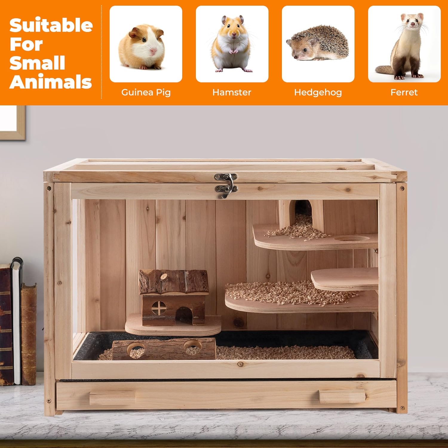Hamster Cage Wooden Chew Proof, Large Hamster Cages and Habitats, Openable Top with Acrylic Sheets, Solid Built Small Animal Cage,Easy to Assemble