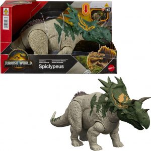 Mattel Jurassic World Rebirth Juguete de Dinosaurio Rugido Salvaje, Figura Articulable de Spiclypeus, Cabezazo y Ataque Thrash Controlados por la Cola y Sonido, Juego Digital