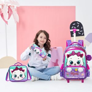 Meetbelify Rolling Backpack with Wheels for Girls Kids Cute Cat Rolling Backpack with Lunch Bag and Pencil Case Set Kids Travel Luggage for Elementary Girls Ages 5-12