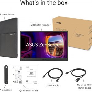 ASUS ZenScreen Monitor USB portátil de 16 pulgadas (MB169CK) - Full HD, IPS, Dual USB-C, Mini-HDMI, cuidado de los ojos, sin parpadeo, filtro de luz azul, superficie antirreflejo, soporte de 360°, garantía de 3 años