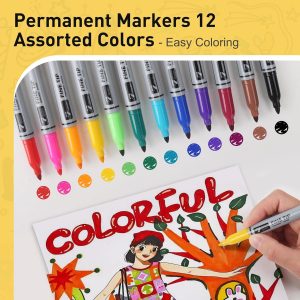 TOWON 12 marcadores permanentes – Juego de rotuladores de dibujo de varios colores, impermeables, de secado rápido, punta fina, marcadores de colores para colorear para adultos