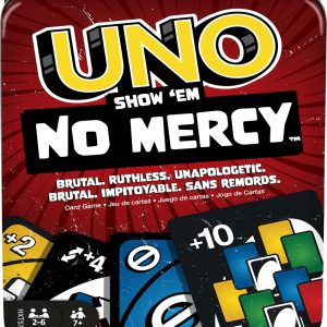 Mattel Games UNO Show ‘em No Mercy Card Game in Storage & Travel Tin for Kids, Adults & Family Night with Extra Cards, Special Rules & Tougher Penalties (Amazon Exclusive)