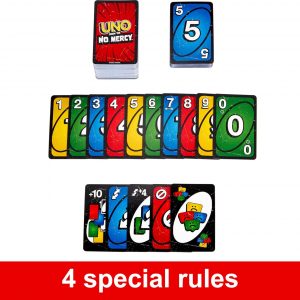 Mattel Games UNO Show ‘em No Mercy Card Game in Storage & Travel Tin for Kids, Adults & Family Night with Extra Cards, Special Rules & Tougher Penalties (Amazon Exclusive)