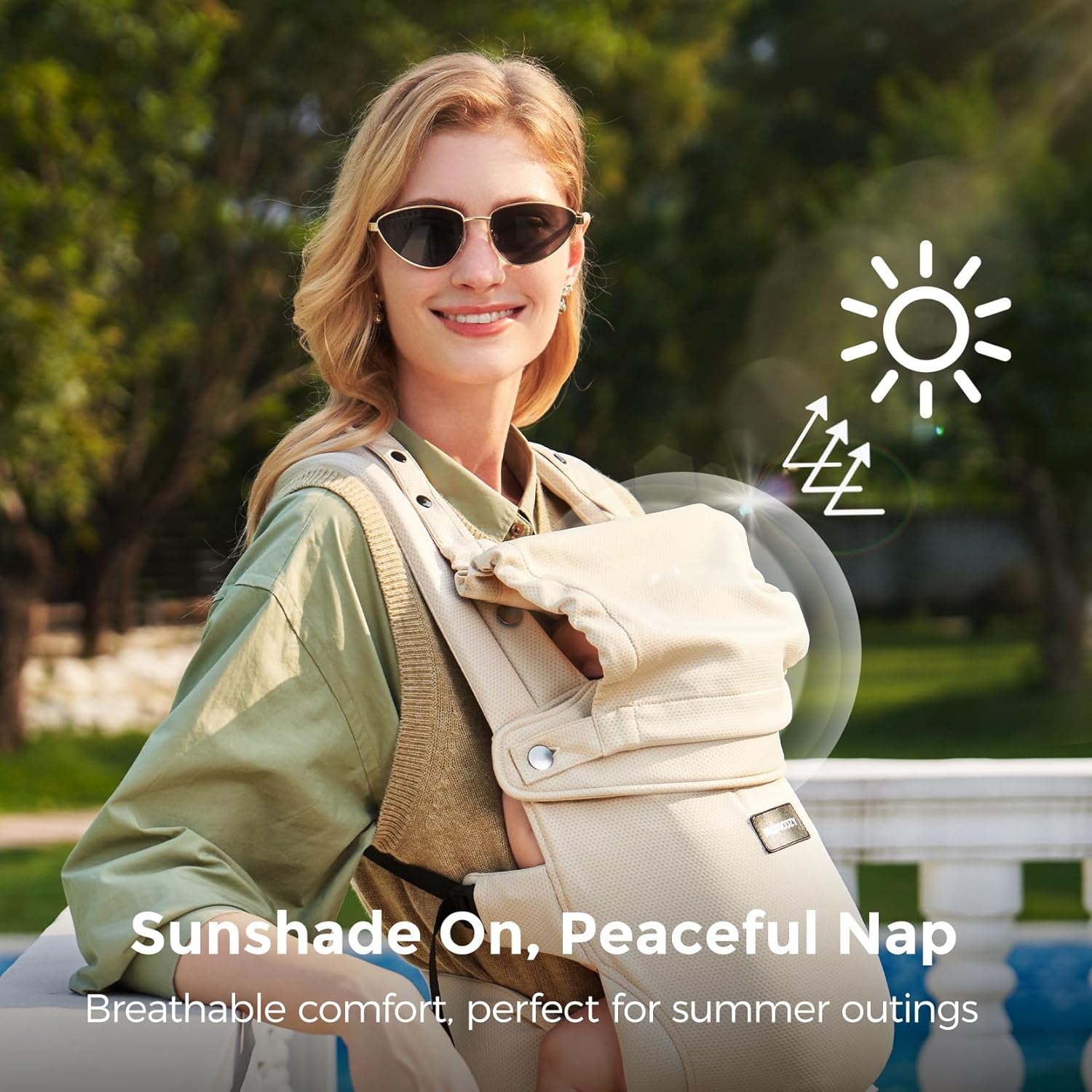 Momcozy Newborn Baby Carrier - Ergonomic, Cozy and Lightweight Carrier for 7-24lbs, Adjustable Neck Support with Sunshield, Breathable Airmesh Perfect for Summer Outing, Khaki