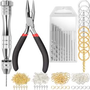 LEOBRO Hand Drill, 222 PCS Pin Vise Hand Drill with Drill Bits(0.8 mm-3 mm), Needle Nose Pliers, Keychain Making Kit, Jewelry Making Supplies, Hand Drill Tools for Jewelry Keychains Making