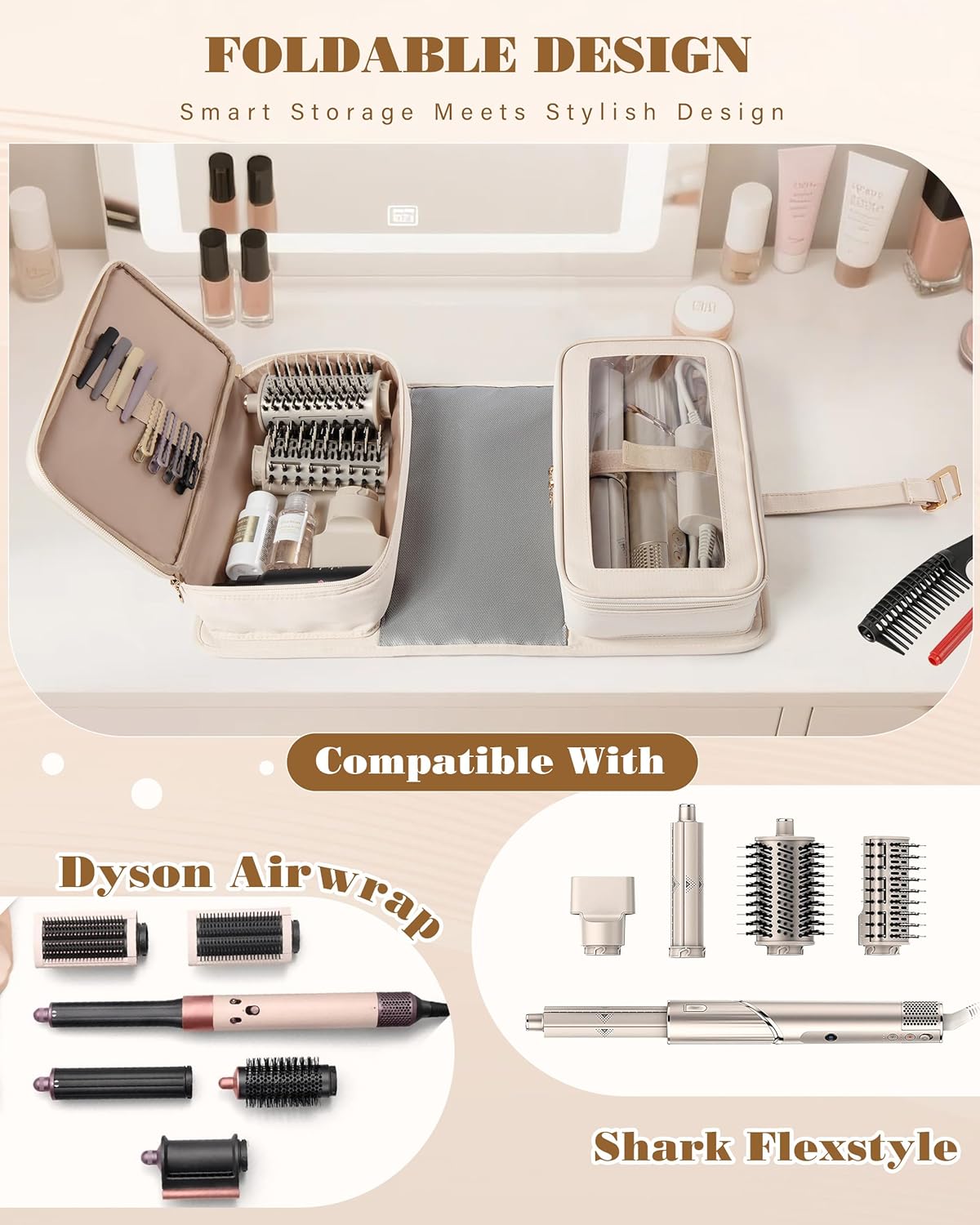 Marscamd Hair Tools Travel Bag with Heat Resistant Mat Compatible with Shark Flexstyle, Hair Tool Organizer for Multi-Stylers and Hair Dryer, Beige