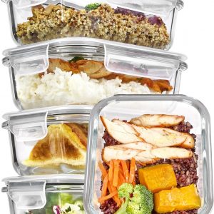 Vtopmart Paquete de 5 recipientes de almacenamiento de vidrio de 22 onzas con tapas, juegos de recipientes de vidrio para preparación de comidas con tapas herméticas a presión para microondas, horno