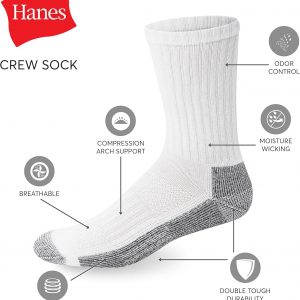 Hanes - Calcetines de trabajo para hombre, calcetines largos acolchados, calcetines que absorben la humedad y control de olor, negro y blanco, paquetes de 6 y 12 disponibles