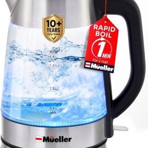 Mueller Rapid Boil Electric Tea Kettle 1.8L – Borosilicate Glass & Stainless Steel – BPA-Free Hot Water Boiler, LED Light, Auto Shut-Off, Boil Dry Protection Fast Water Heater – Kitchen Appliances