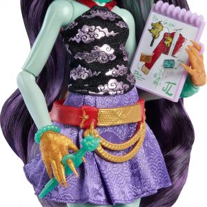 Monster High Jinafire Long Doll, Dragon with Pet Dog Cloudy “Yun Yun” and 7 Accessories Like Sketch Pad, Yogurt Drink, Backpack and More