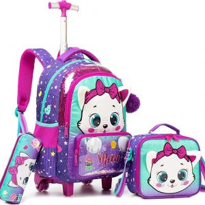 Meetbelify Rolling Backpack with Wheels for Girls Kids Cute Cat Rolling Backpack with Lunch Bag and Pencil Case Set Kids Travel Luggage for Elementary Girls Ages 5-12