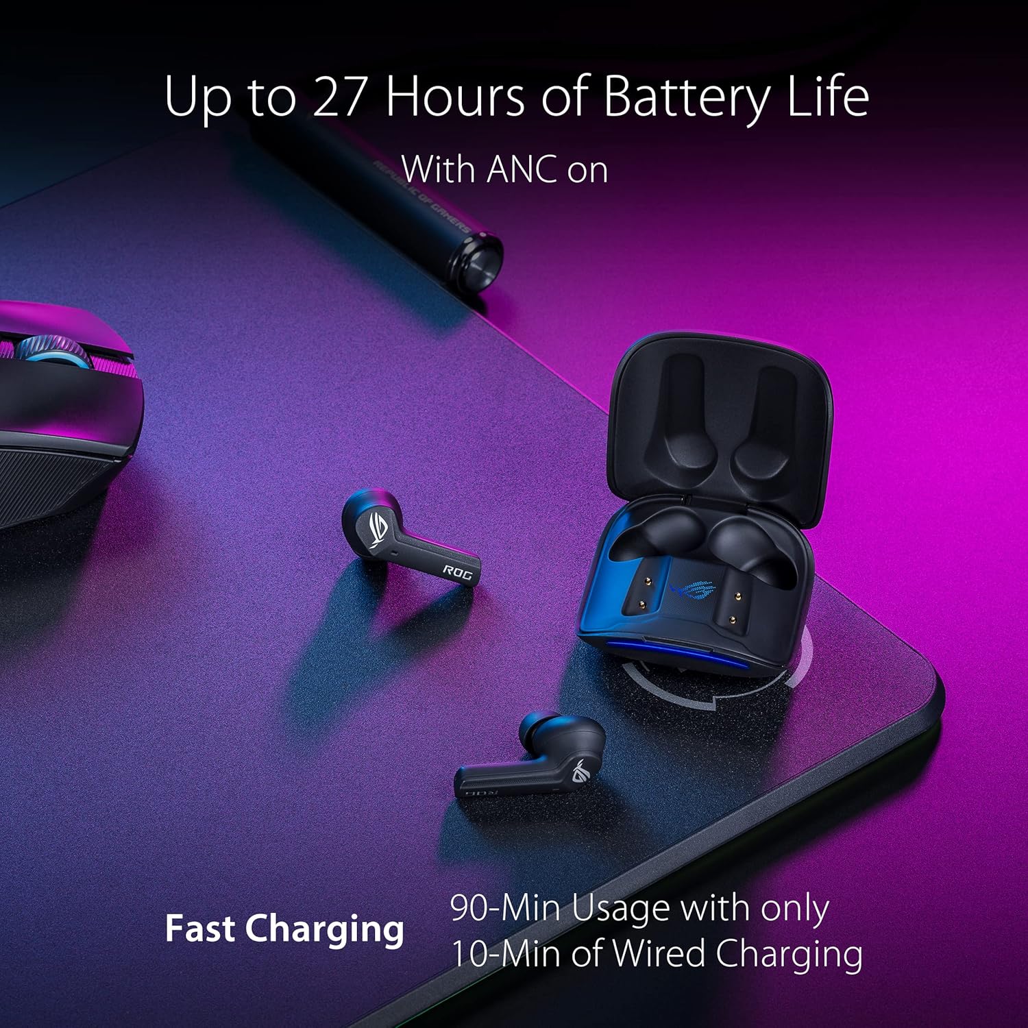 ASUS ROG Cetra True Wireless Auriculares inalámbricos para juegos – Bluetooth, baja latencia, cancelación de ruido ANC, control táctil, resistencia al agua IPX4, batería de 27 horas, carga inalámbrica
