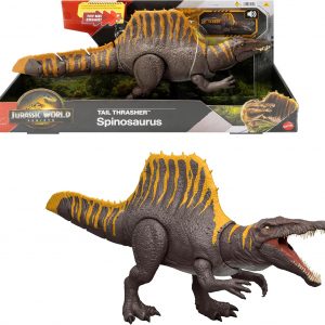 Mattel Jurassic World Rebirth Dinosaur Toy, Tail Thrasher Spinosaurus Action Figure with 2 Attack Moves, Movie-Accurate & Posable, Digital Play