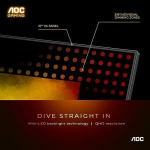 AOC Q27G3XMN 27" QHD Gaming Monitor, 2560x1440, Mini LED, 180Hz 1ms GtG, HDR 1000, sRGB137.5%, HDMI 2.0 x 1, DisplayPort 1.4 x1, Adaptive Sync, 3-Year Zero-Bright-dot