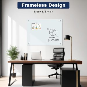 Pizarra blanca de vidrio magnética, pizarra blanca de vidrio de borrado en seco de 61 x 46 cm para pared, pizarra blanca sin marco con 1 bandeja para marcadores y 3 imanes para oficina