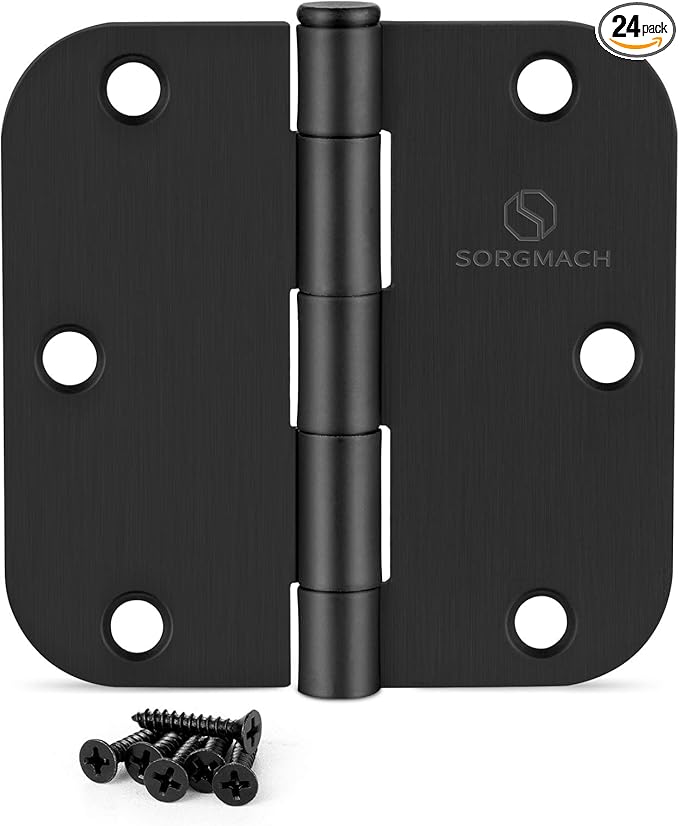 24 Pack Door Hinges 3 1/2 Inch Matte Black 3.5 Inch Interior Hinges 5/8" Radius Round Door Hinge 3 1/2 Inch Iron Hinge 3 ½"x 3 ½" Door Hardware