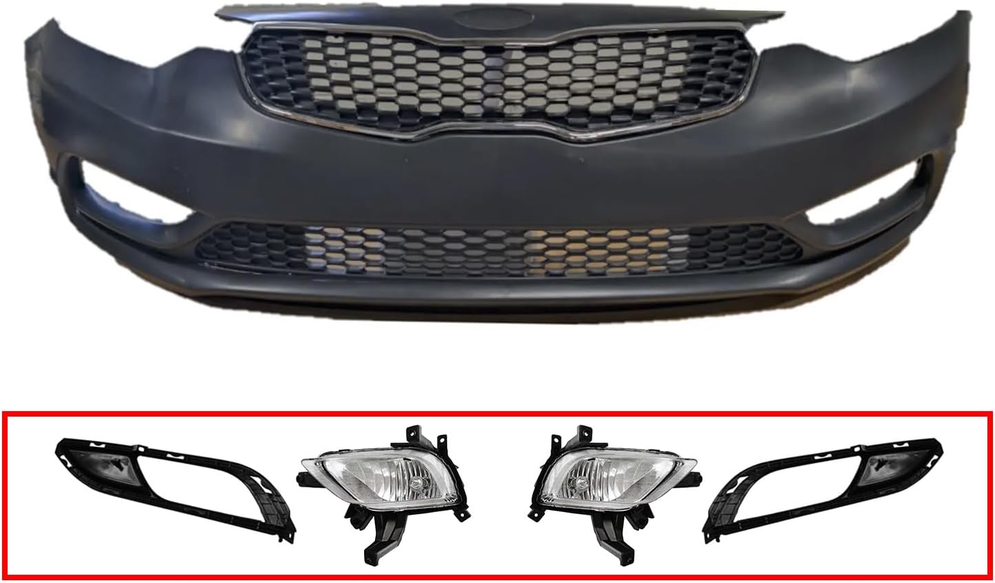 MGWILL Kit de cubierta de parachoques delantero compatible con Kia Forte LX EX Sedan Korea 2014 2015 2016 construido con parrilla superior y luces antiniebla, juego de cuerpo completo