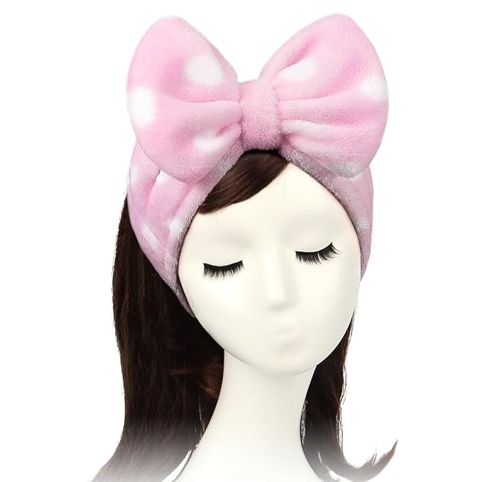 Banda elástica tipo vincha para cabello Shintop, para ducha, maquillaje, de tela polar, BDSFD01, Rosa (Pink Polka Dots), 1