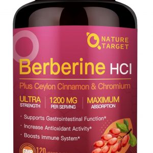 NATURE TARGET Berberina HCl 1200 mg, suplemento de berberina con canela de Ceilán, cromo - Apoya la salud inmune, gastrointestinal y digestiva, sin OMG, 120 cápsulas