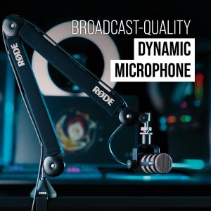 RØDE PodMic - Micrófono cardioide de transmisión dinámica con soporte de columpio integrado para podcasting, transmisión, juegos y grabación de voz, color negro