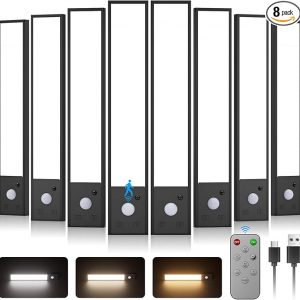8" 8pack Motion Sensor Under Cabinet Lighting Wireless with Remote, Aluminum Alloy Under Counter Lights for Kitchen,56 LED-3 Color& 7 Levels,3000mAh Cabinet Lighting,Magnetic Under Cabinet Lights