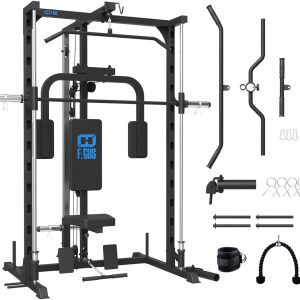 FAGUS Smith Machine Home Gym Power Cage with Pulley System, Space Saving Design Squat Rack with Full Body Strength Training Attachments, PEC Station & Fixed Cable Crossover Optional