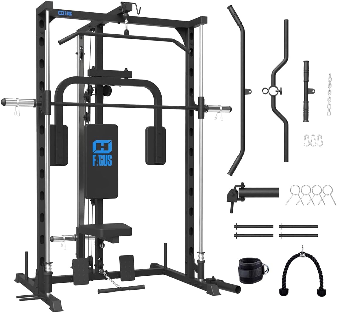 FAGUS Smith Machine Home Gym Power Cage with Pulley System, Space Saving Design Squat Rack with Full Body Strength Training Attachments, PEC Station & Fixed Cable Crossover Optional