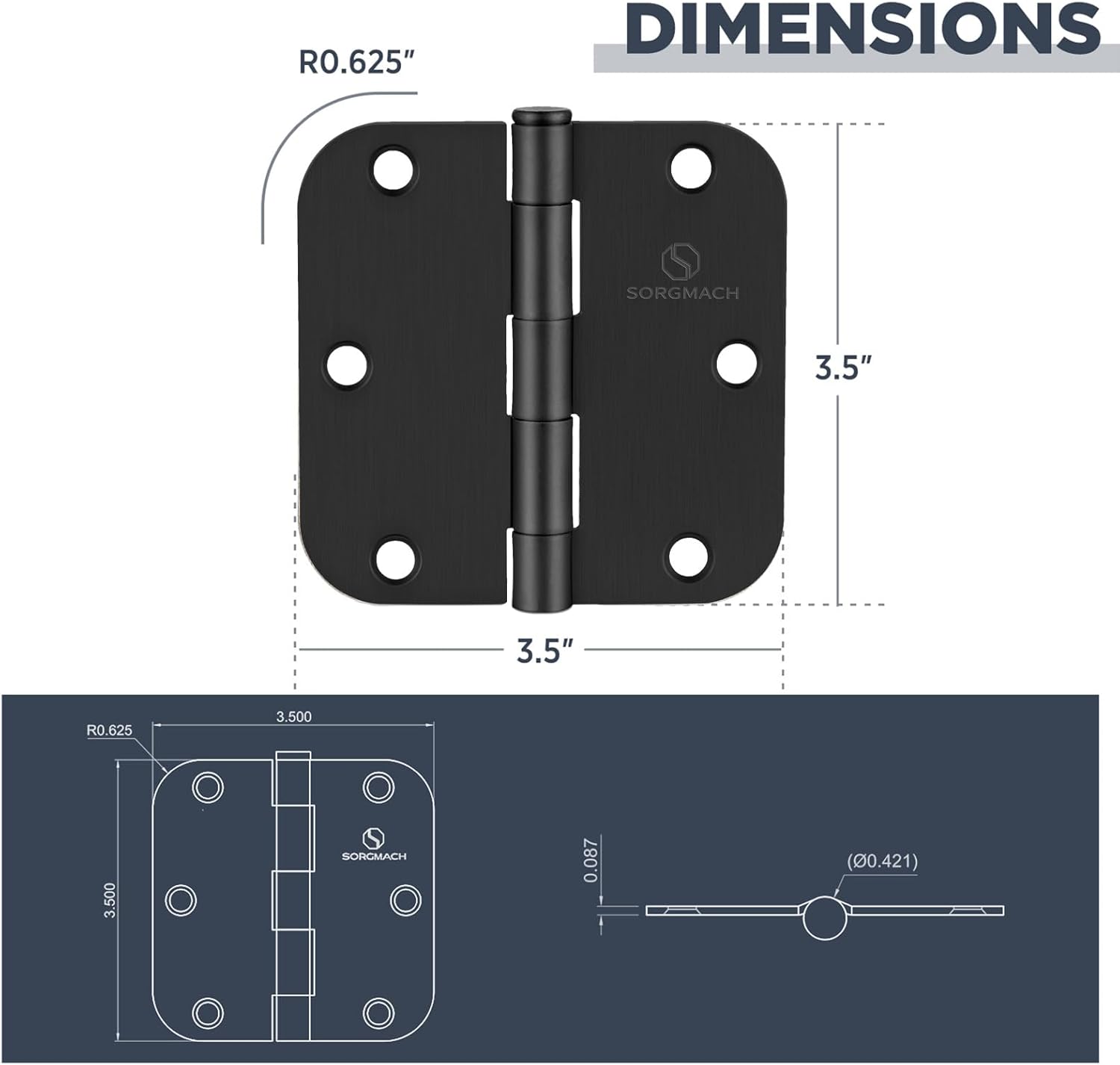 24 Pack Door Hinges 3 1/2 Inch Matte Black 3.5 Inch Interior Hinges 5/8" Radius Round Door Hinge 3 1/2 Inch Iron Hinge 3 ½"x 3 ½" Door Hardware