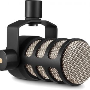 RØDE PodMic - Micrófono cardioide de transmisión dinámica con soporte de columpio integrado para podcasting, transmisión, juegos y grabación de voz, color negro