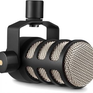 RØDE PodMic - Micrófono cardioide de transmisión dinámica con soporte de columpio integrado para podcasting, transmisión, juegos y grabación de voz, color negro