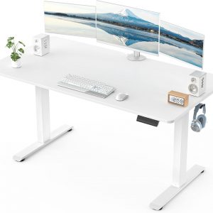 Veken 55 x 23.6 Inch Electric Standing Desk with Adjustable Height, Sit to Stand Computer Table for Study, Work or Gaming, Home Office Desk White