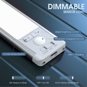Iluminación para debajo del gabinete de 10 pulgadas con 3 temperaturas de color, paquete de 2 luces recargables con sensor de movimiento para interiores, 5 niveles regulables, luces magnéticas