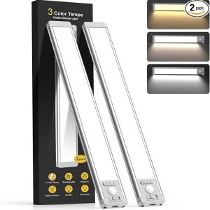 Iluminación para debajo del gabinete de 10 pulgadas con 3 temperaturas de color, paquete de 2 luces recargables con sensor de movimiento para interiores, 5 niveles regulables, luces magnéticas