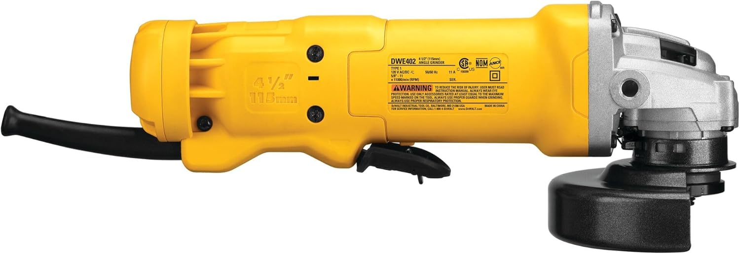 DEWALT Angle Grinder, 4.5 Inch, 11 Amp, 11,000 rpm, With Paddle Switch, Ergonomic Compact Design Grinder Tool (DWE402)