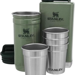Stanley Adventure Pre-Party and Nesting Shot Glass Set | 8 oz Leakproof Hip Flask | 4 Shot Glasses in Travel Carrying Case | Insulated Stainless Steel Liquor | BPA-Free | Hammertone Green