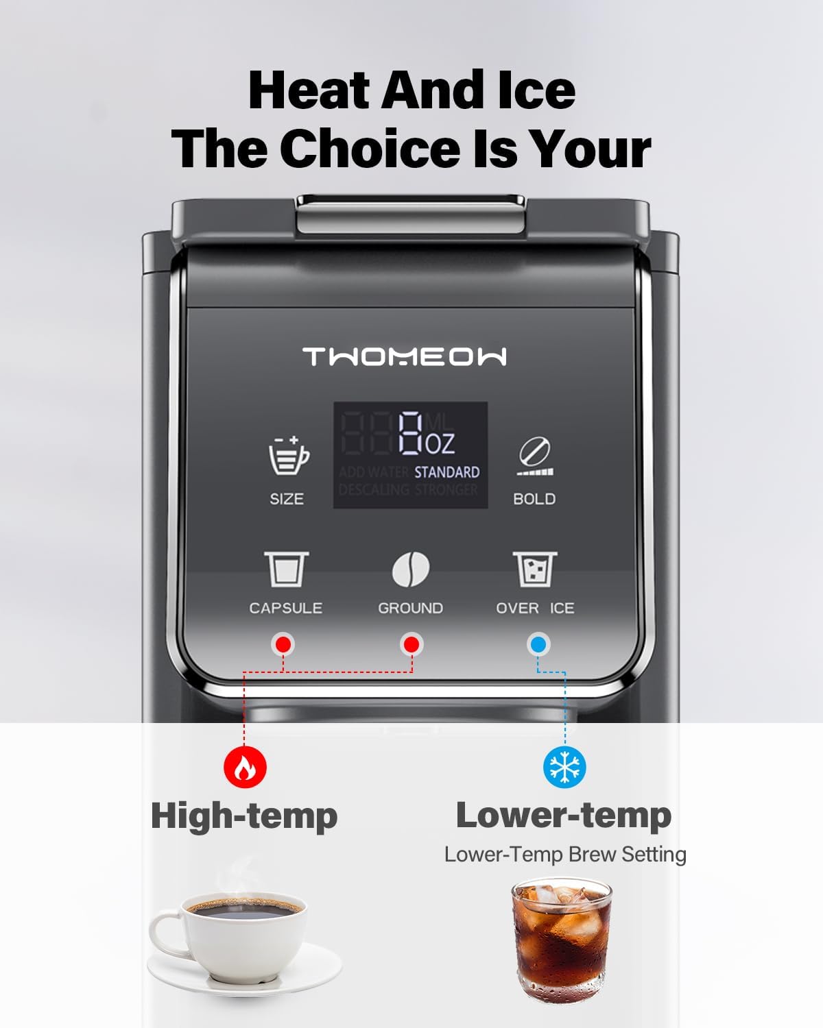 K Cup Coffee Maker With Bold Setting, Single Serve Hot & Iced Coffee Maker for K-Cup and Grounds, 52oz Removable Reservoir, 6 to14oz Brew Sizes, Pod Coffee Machine With Reusable Filter, Gray