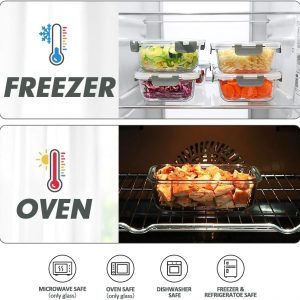 VERONES 12 Packs Glass Food Storage Containers Set, Airtight Glass Lunch Containers, Glass Meal Prep Containers with Lids,Exclusive of BPA, for Microwave, Oven, Freezer & Dishwasher Friendly,Grey